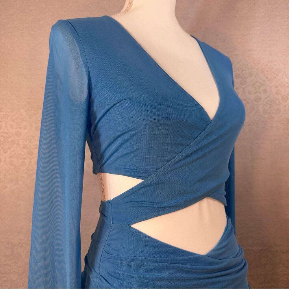 Tiger Mist Jossi Blue Mini Dress Size Small Cut-Out Sheer Long Sleeve Going Out - Picture 11 of 14